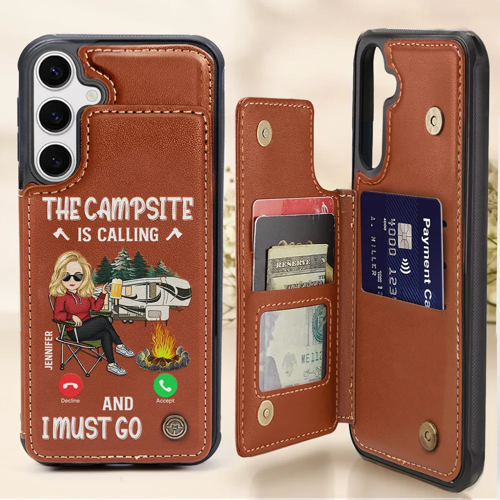 The Campsite Is Calling - Personalized Leather Flip Wallet Phone Case