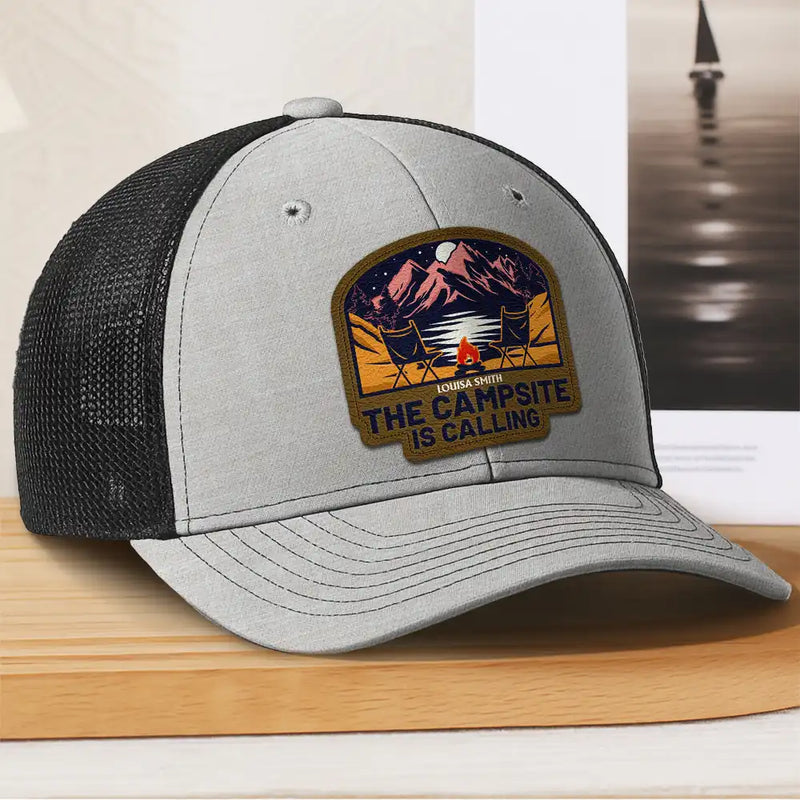 Camping,Gift For Men,Dad's Hobby,Gift For Husband,Gift For Boyfriend,Gift For Yourself,Campsite - The Campsite Is Calling - Personalized Leather Patch Hat