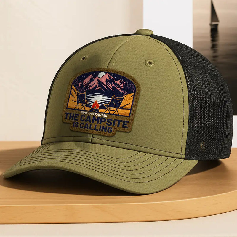 Camping,Gift For Men,Dad's Hobby,Gift For Husband,Gift For Boyfriend,Gift For Yourself,Campsite - The Campsite Is Calling - Personalized Leather Patch Hat