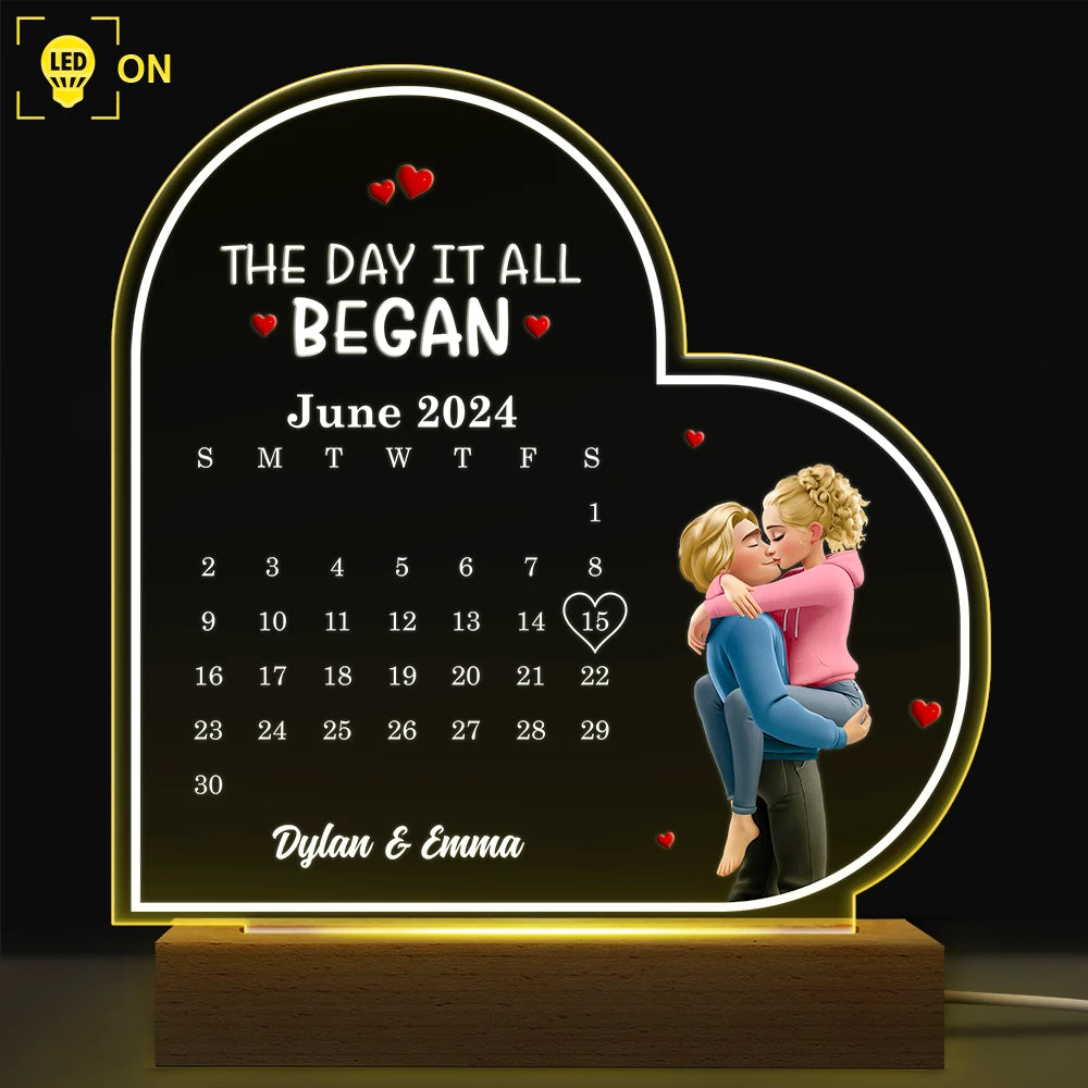 Gift For Couples,Gift For Husband,Gift For Wife,Gift For Girlfriend,LGBT,Love - The Day It All Began - Personalized 3D Led Light Wooden Base