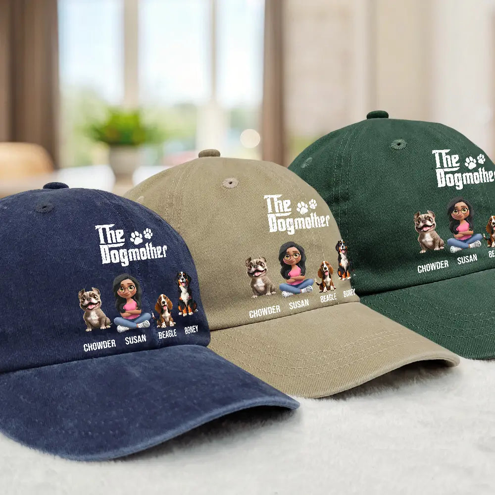 Dog Mom, Dog Dad, Dog Lovers, Happy - The Dogmother Dogfather - Personalized Vintage Washed Denim Cap