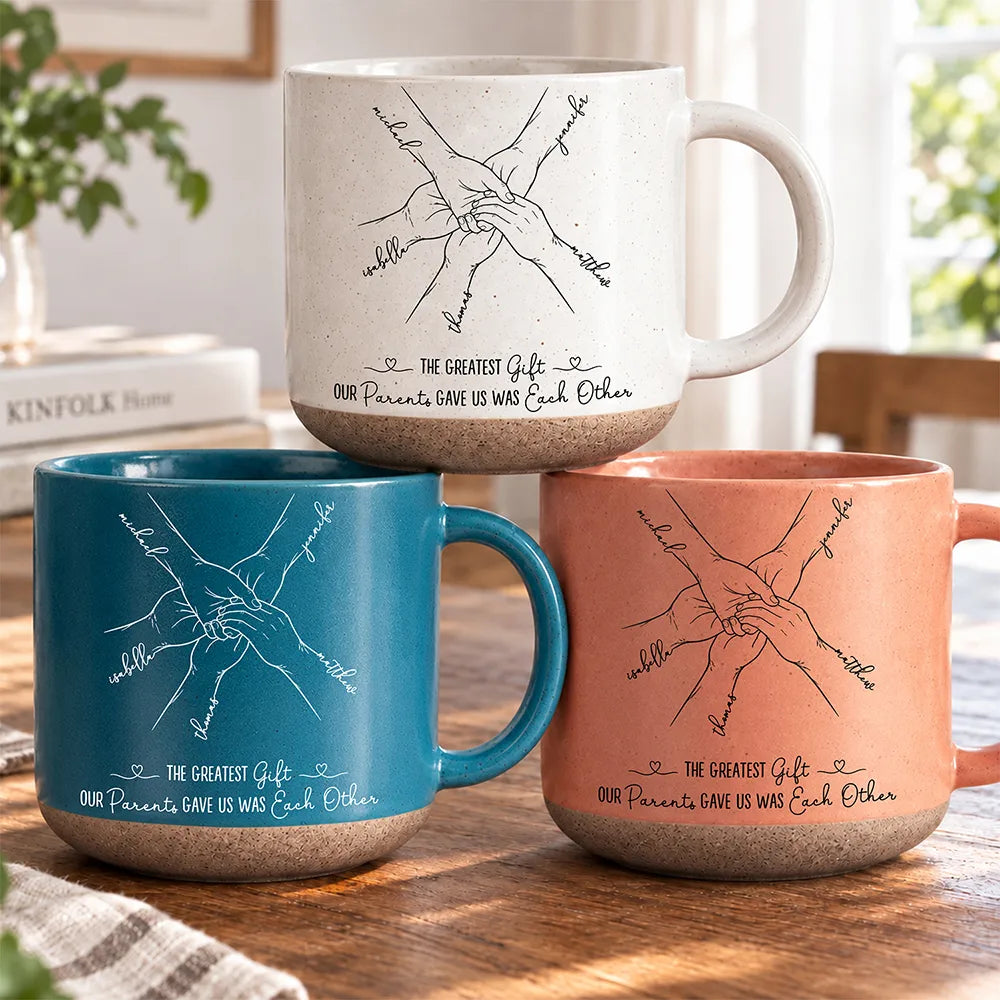 The Greatest Gift Sibling Brother Sister Hands Line Art - Personalized Pottery Mug