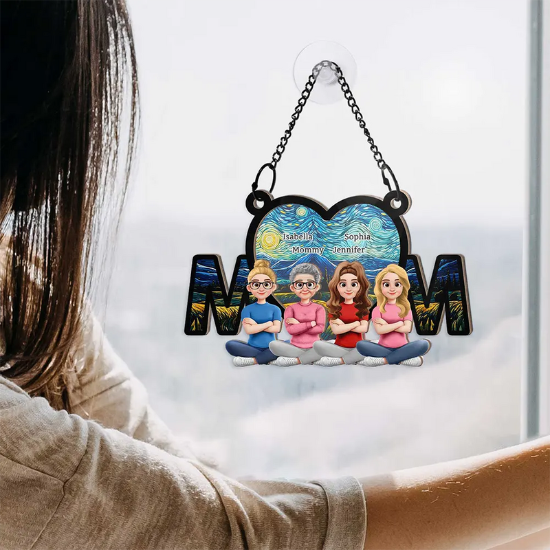 Gift For Mother,Mom - Children,Happy - The Love Between Mother & Daughter Is Forever Sitting - Personalized Window Hanging Suncatcher Ornament