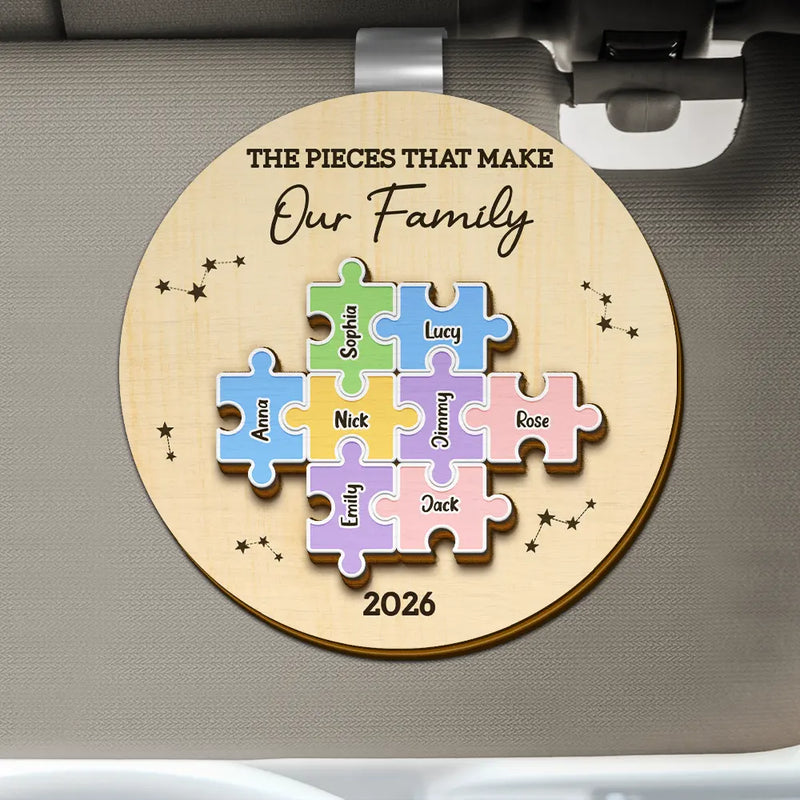 Family,Pet Lovers,Pet Mom,Pet Dad,Pet Couple,Dog Lovers,Dog Couple,Dog Mom,Dog Dad,Cat Lovers,Cat Mom,Cat Dad,Cat Couple,Happy,Single Mom,Single Dad,Gift For Grandpa,Gift For Grandma,Gift For Grandkids - The Pieces That Make Our Family Puzzle - Personalized Custom Shaped Car Visor Clip