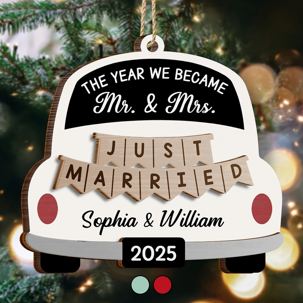 Love,Christmas,Gift For Wife,Gift For Husband,Gift For Couples,Married ,Engaged - The Year We Became Mr & Mrs Wedding Car - Personalized 2-Layered Wooden Ornament