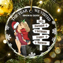 Gift For Couples, Gift For Husband, Gift For Wife, Gift For Boyfriend, Gift For Girlfriend, Christmas, Travel, Happy - The Year We Visited Travel Ornament Side View - Personalized Circle Glass Ornament