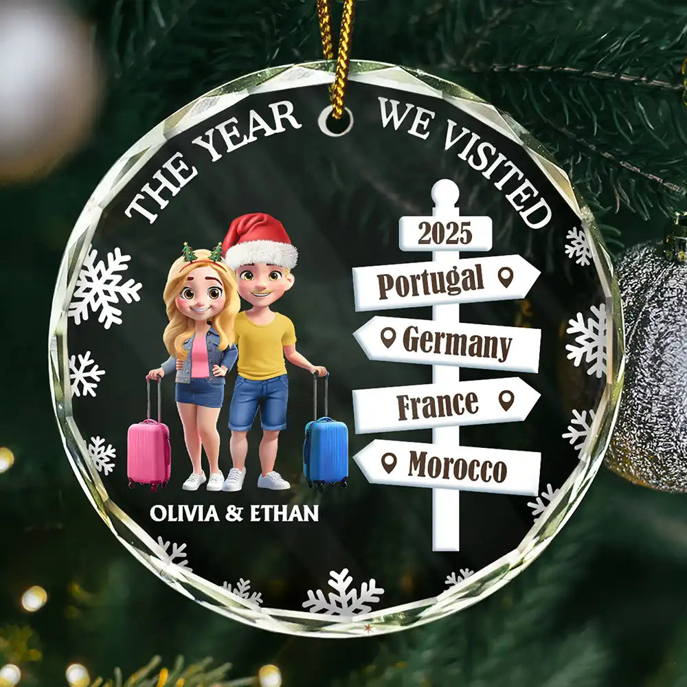 Travel,Christmas,Gift For Couples,Happy - The Year We Visted Travel Ornament - Personalized Circle Glass Ornament