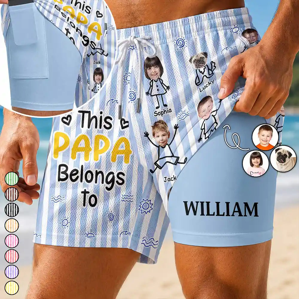 Adorable,Gift For Father,Beach,Custom Photo,Summer,Cut-Face Photo,Icon - Custom Photo This Dad Grandpa Belongs To Kids And Pets - Personalized Swim Trunks With Liner