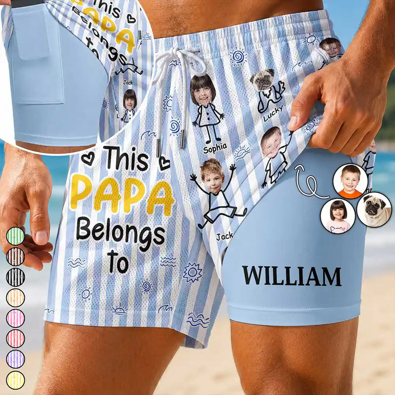 Adorable,Gift For Father,Beach,Custom Photo,Summer,Cut-Face Photo,Icon - Custom Photo This Dad Grandpa Belongs To Kids And Pets - Personalized Swim Trunks With Liner