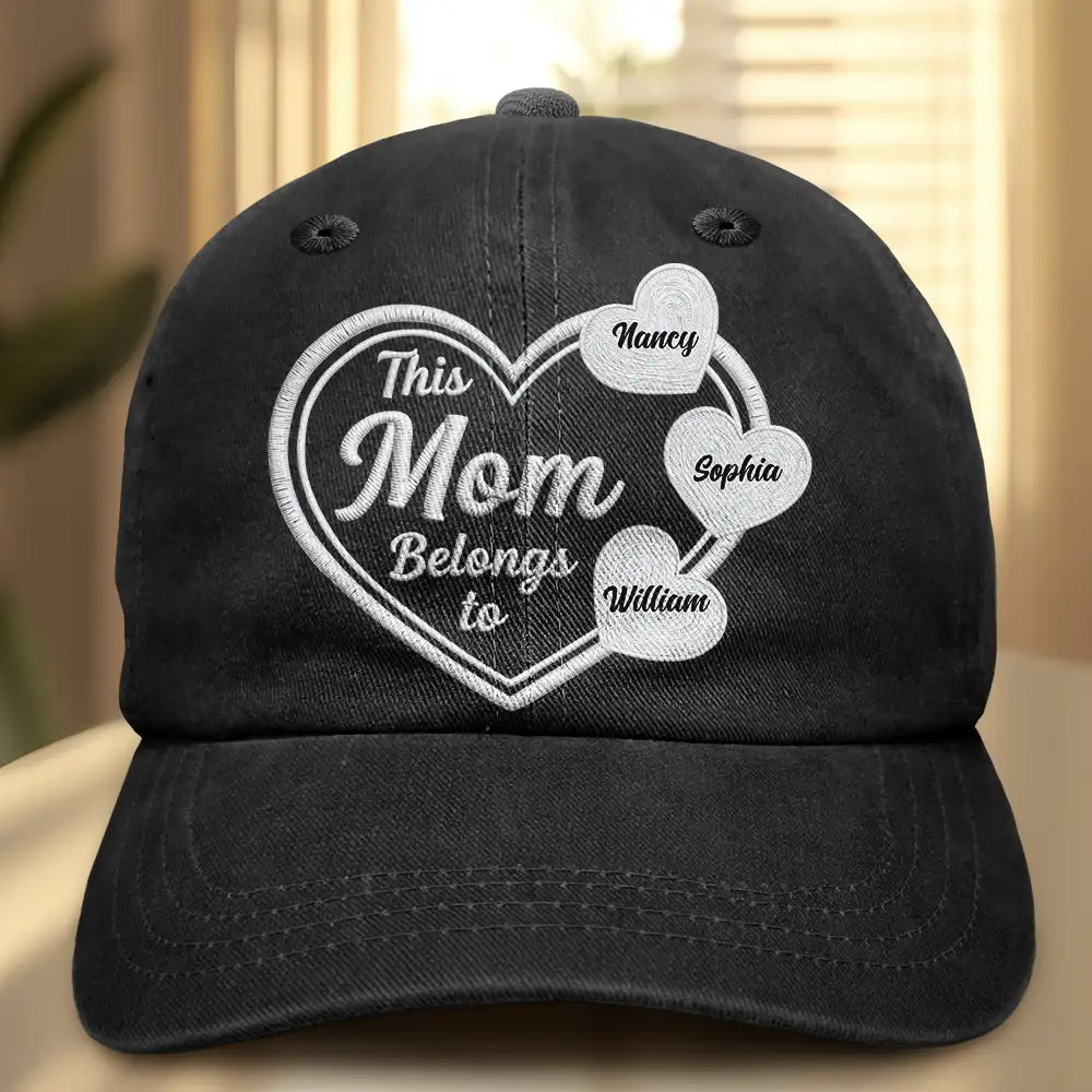 This Mom Belongs To 3D Embroidery Effect - Personalized Vintage Washed Denim Cap