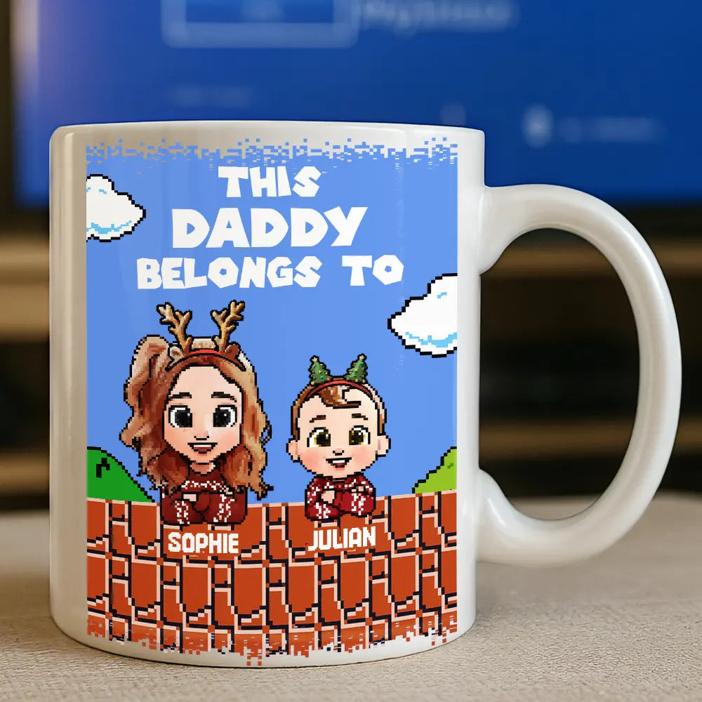 This Daddy Belongs To Kids Pixel Art - Personalized White Edge-to-Edge Mug
