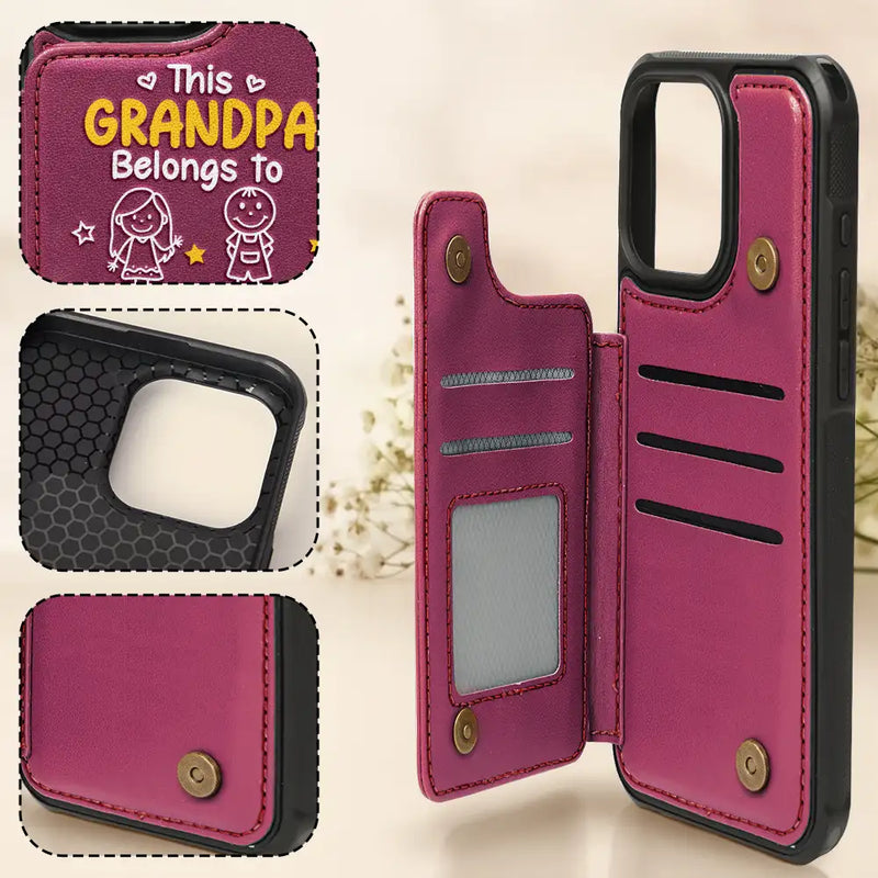Gift For Grandpa, Gift For Grandma, Gift For Grandparents, Gift For Mother, Gift For Father, Happy, Stick Figure - This Grandma Grandpa Belongs To Kids Pet - Personalized Leather Flip Wallet Phone Case