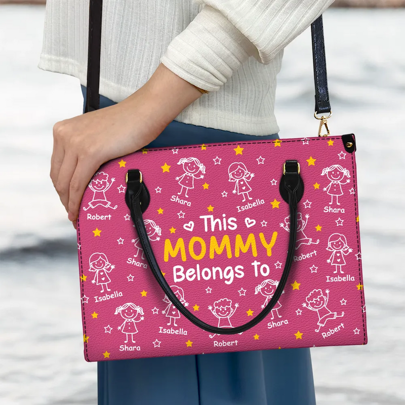 Gift For Grandma,Gift For Mother,Happy,Gift For Women,Stick Figure - This Grandma Mom Belongs To Kids Pet - Personalized Leather Bag