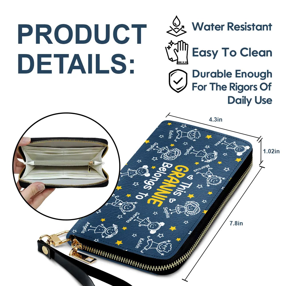 Gift For Grandma,Gift For Mother,Happy,Gift For Women,Stick Figure - This Grandma Mom Belongs To Kids Pet - Personalized Leather Long Wallet