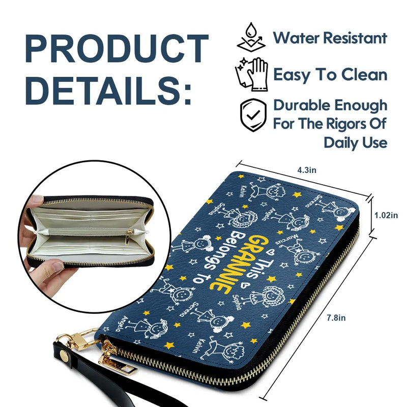 Gift For Grandma,Gift For Mother,Happy,Gift For Women,Stick Figure - This Grandma Mom Belongs To Kids Pet - Personalized Leather Long Wallet