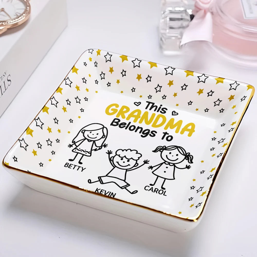 Gift For Grandma, Gift For Mother, Happy, Stick Figure - This Grandma Mom Belongs To Kids Pet - Personalized Ring Dish