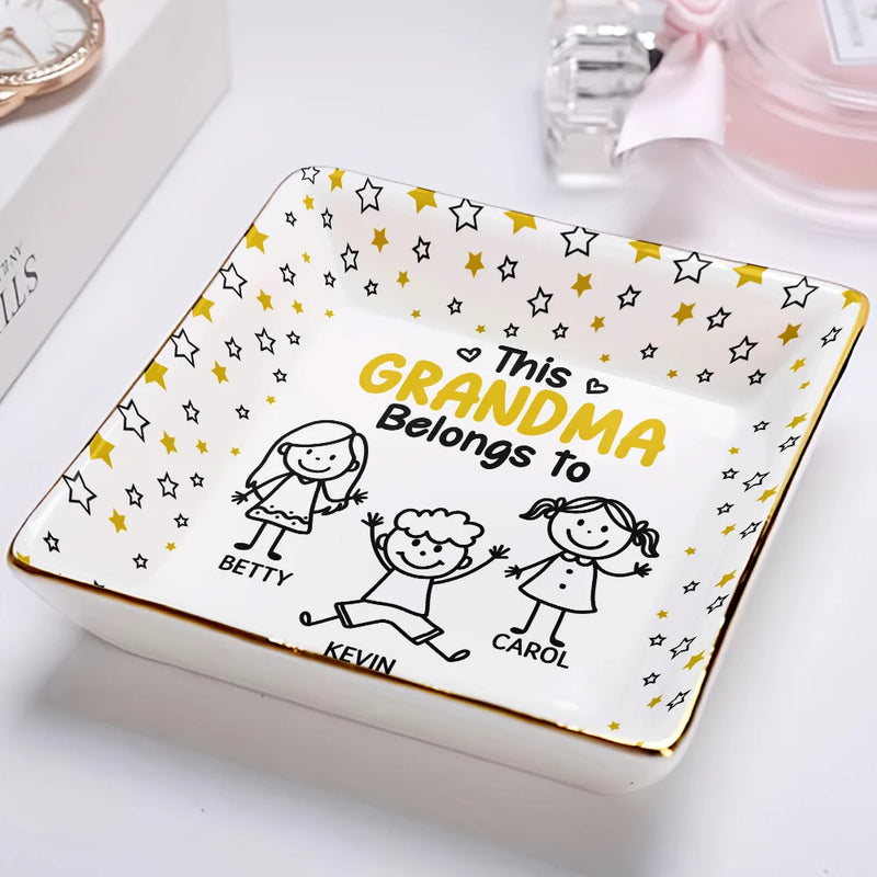 Gift For Grandma, Gift For Mother, Happy, Stick Figure - This Grandma Mom Belongs To Kids Pet - Personalized Ring Dish