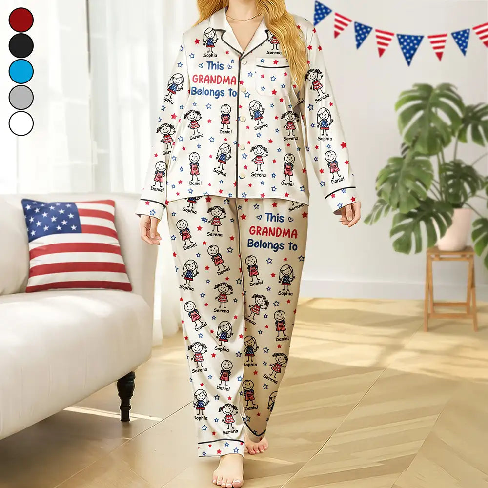 Gift For Mother,Gift For Grandma,Love,Gift For Wife,Independence Day - This Grandma Mom Belongs To Kids Pet US Flag - Personalized Satin Pajama Set