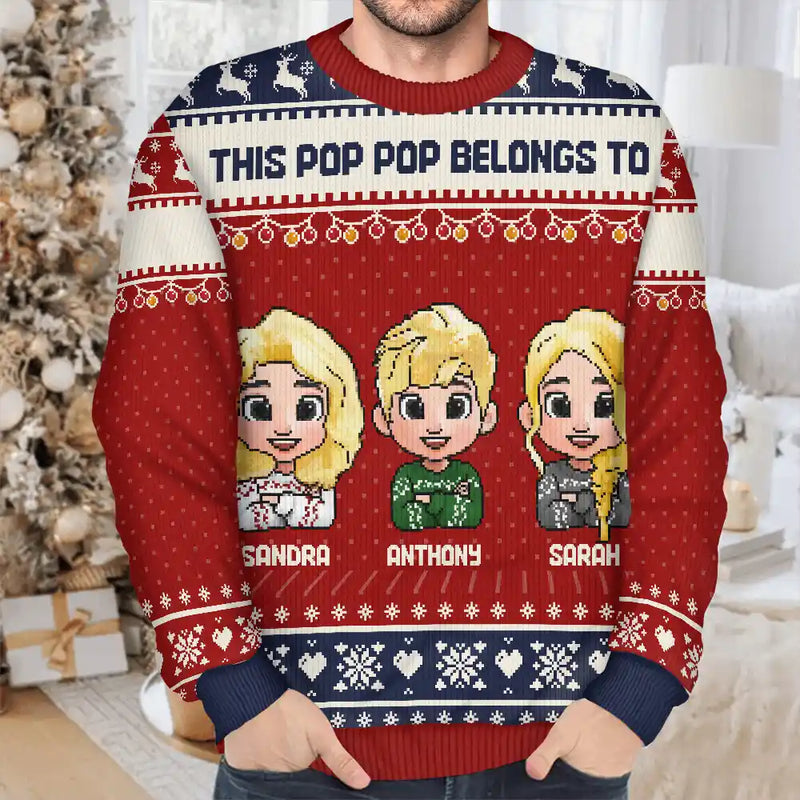 Gift For Grandpa,Funny,Christmas - This Grandpa Belongs To Grandkids Pixel Art - Personalized Unisex Ugly Sweater