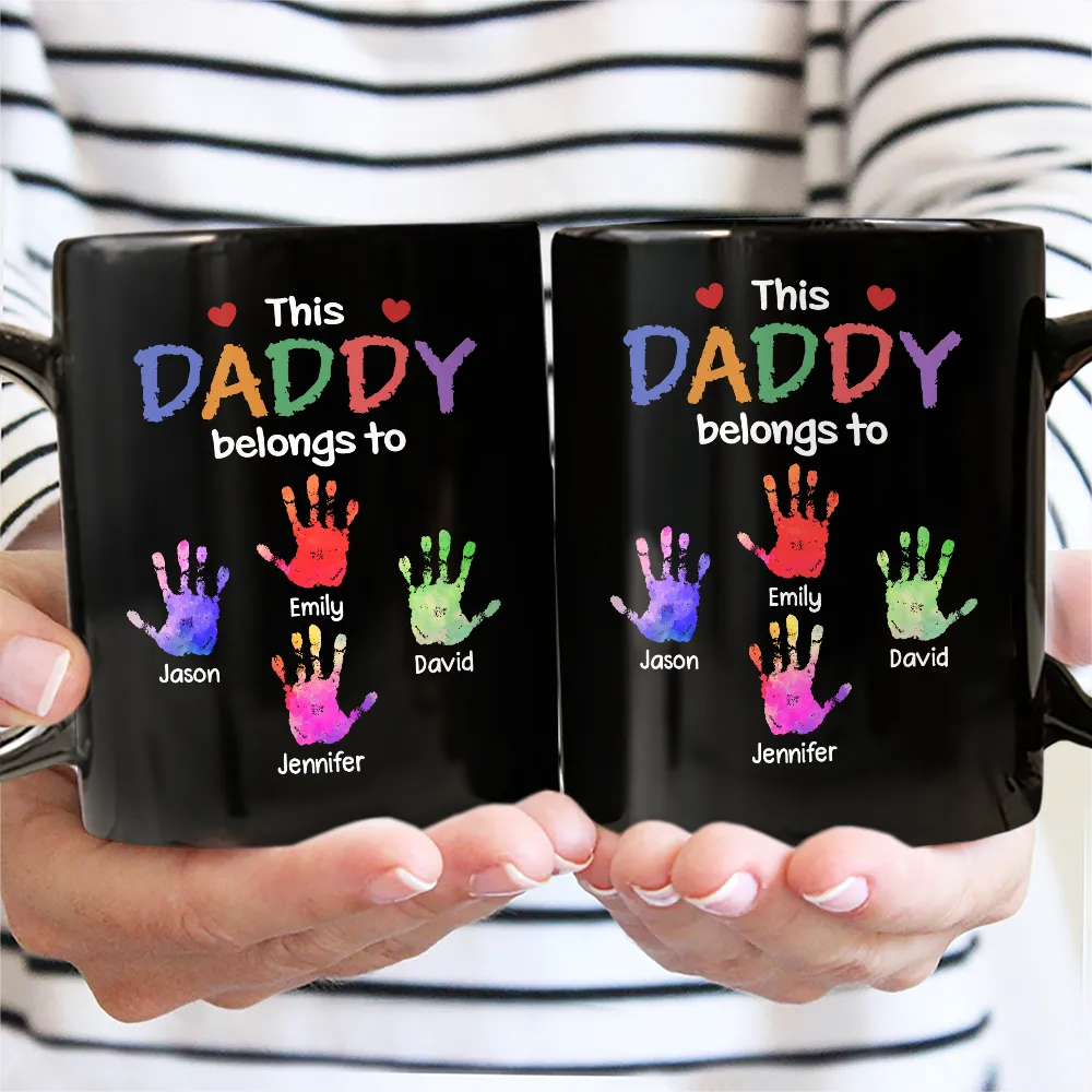 Gift For Grandpa, Gift For Father, Grandpa - Grandkids, Happy - This Grandpa Belongs To Hand Prints Doodle - Personalized Black Mug