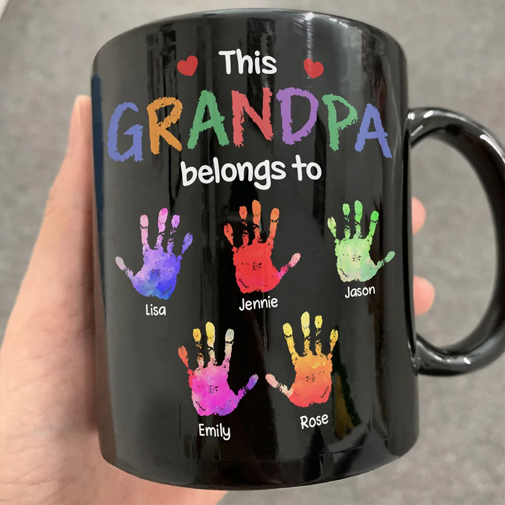 This Grandpa Belongs To Hand Prints Doodle - Personalized Black Mug