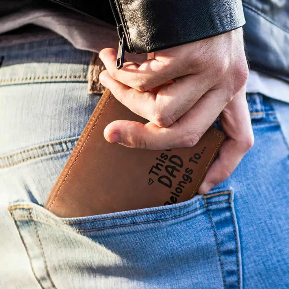 Gift For Grandpa, Gift For Father, Happy, ift For Men, Stick Figure - This Grandpa Dad Belongs To Kids Pet - Personalized Engraved Leather Wallet