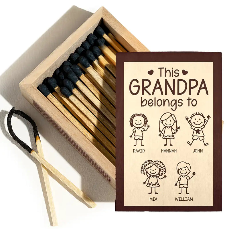 Grandpa,Grandkids,Dad,Sons,Gift For Grandpa,Gift For Father,Stick Figure - This Grandpa Dad Belongs To Kids Stick Figure - Personalized Wooden Matchbox