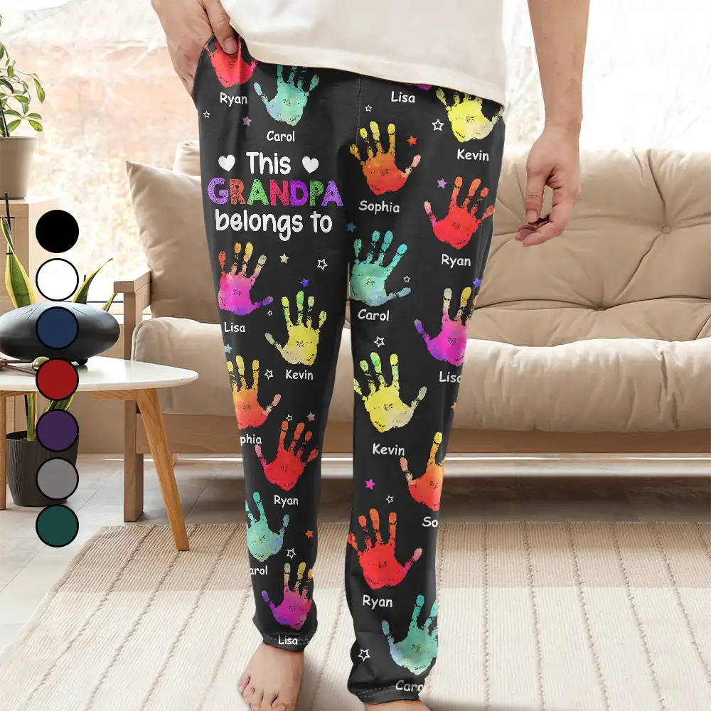 This Grandpa Daddy Belongs To Colorful Kid Handprints - Personalized Pajama Pants