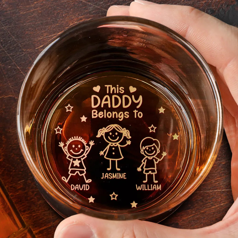 This Grandpa Daddy Belongs To Kids Pet - Personalized Engraved Whiskey Glass