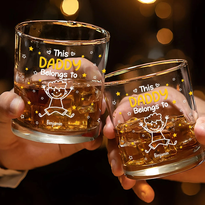 Gift For Grandpa,Gift For Grandma,Gift For Grandparents,Gift For Mother,Gift For Father,Happy,Stick Figure - This Grandpa Daddy Belongs To Kids Pet - Personalized Whiskey Glass