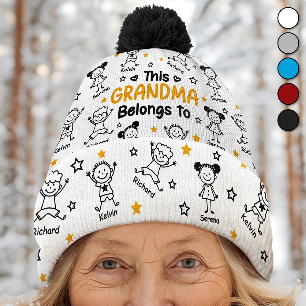 Gift For Grandparents,Gift For Grandpa,Gift For Grandma,Gift For Mother,Gift For Father,Happy,Christmas,Stick Figure - This Grandpa Grandma Belongs To Kids Pet - Personalized Bobble Beanie Hat