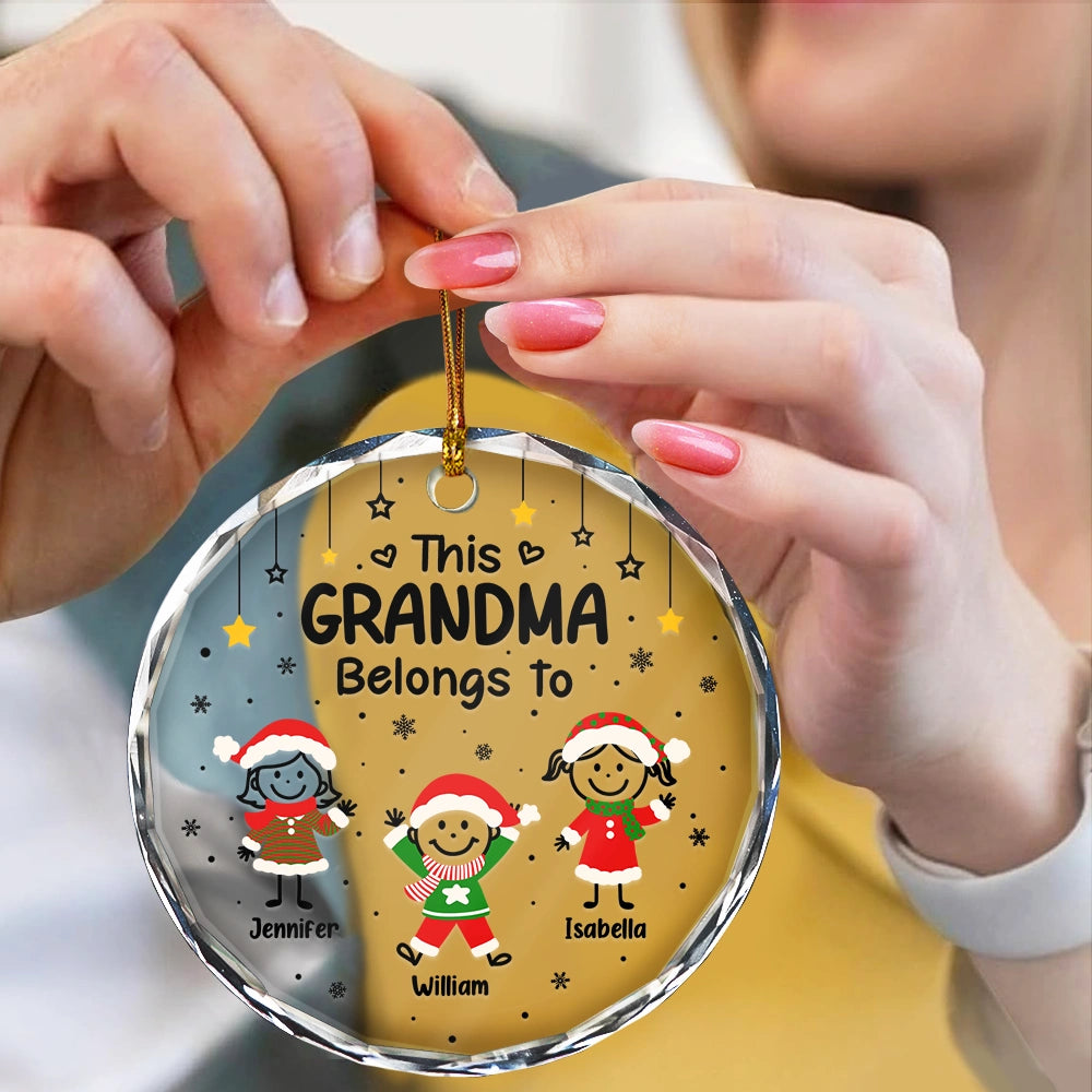 Gift For Grandpa,Gift For Grandma,Gift For Grandparents,Gift For Mother,Gift For Father,Christmas,Happy,Stick Figure - This Grandpa Grandma Belongs To Kids Pet - Personalized Circle Glass Ornament