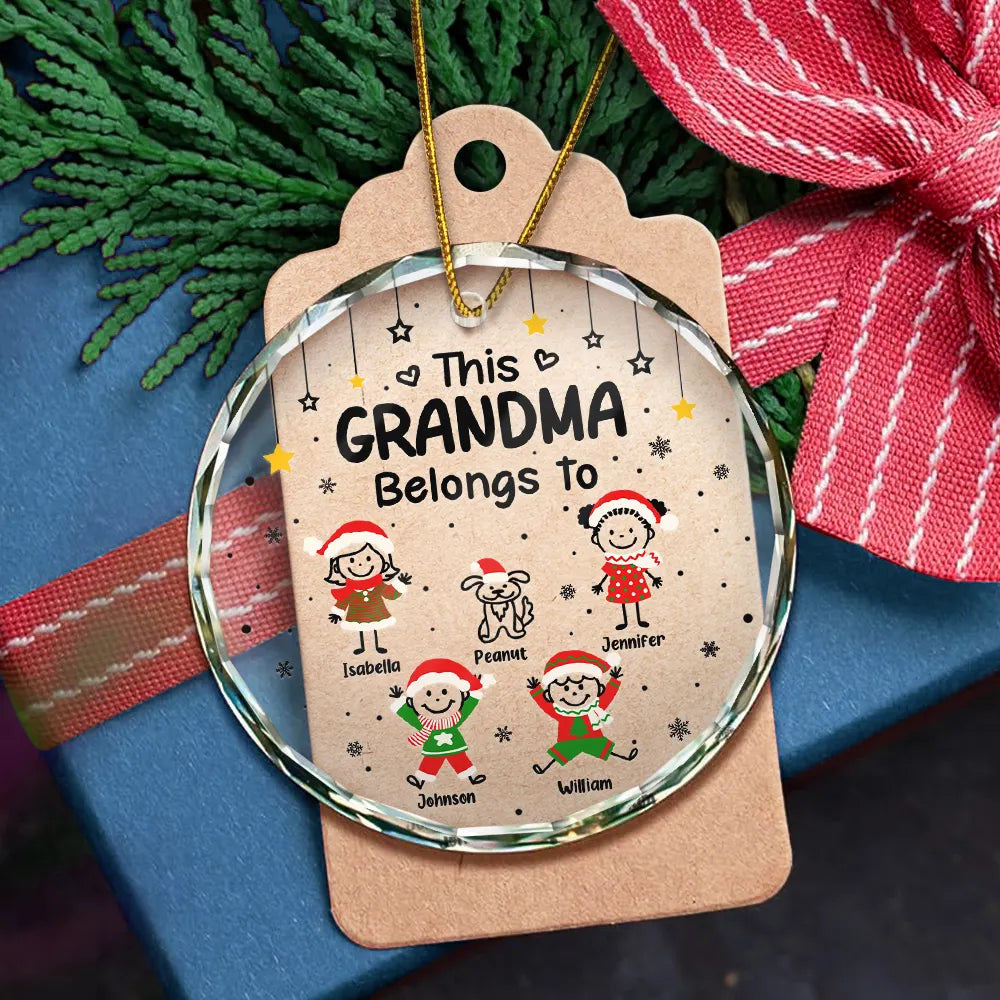 Gift For Grandpa,Gift For Grandma,Gift For Grandparents,Gift For Mother,Gift For Father,Christmas,Happy,Stick Figure - This Grandpa Grandma Belongs To Kids Pet - Personalized Circle Glass Ornament
