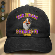 Pet Lovers,Pet Mom,Pet Dad,Dog Lovers,Dog Mom,Dog Dad,Happy,Top Market - This Human Belongs To Cute Dog - Embroidery Text Effect Printed, Personalized Vintage Washed Denim Cap