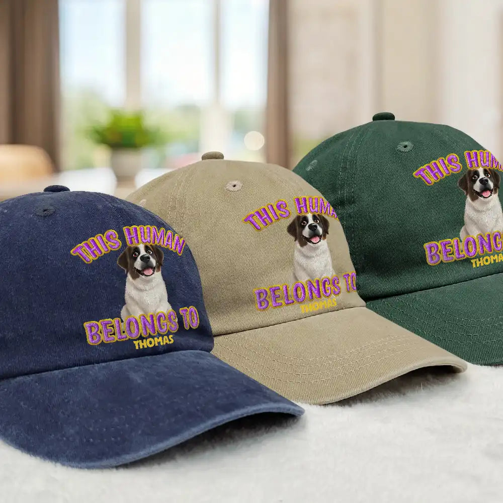 Pet Lovers,Pet Mom,Pet Dad,Dog Lovers,Dog Mom,Dog Dad,Happy,Top Market - This Human Belongs To Cute Dog - Embroidery Text Effect Printed, Personalized Vintage Washed Denim Cap