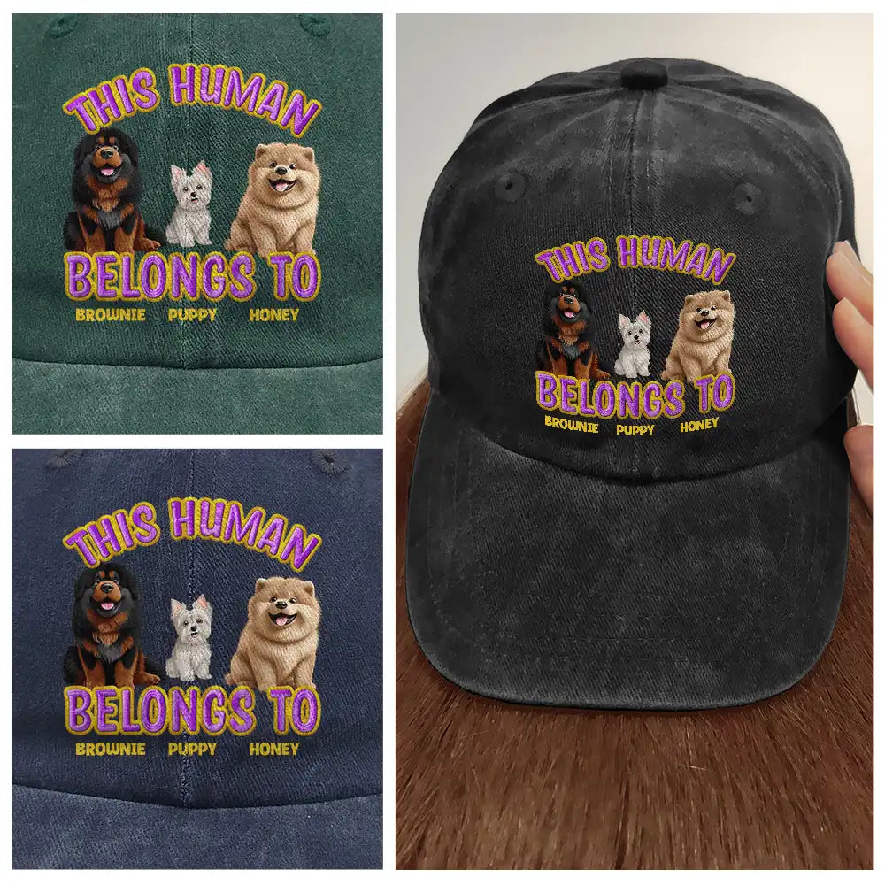 Pet Lovers,Pet Mom,Pet Dad,Dog Lovers,Dog Mom,Dog Dad,Happy,Top Market - This Human Belongs To Cute Dog - Embroidery Text Effect Printed, Personalized Vintage Washed Denim Cap