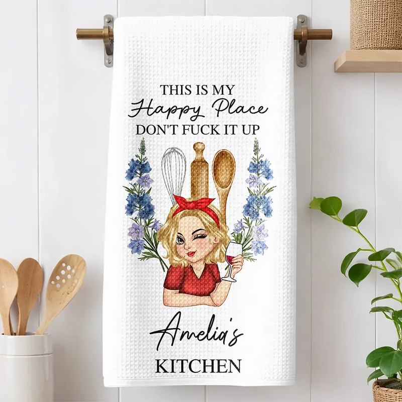 Humorous,Gift For Yourself,Cooking,Gift For Women,Vector - This Is My Happy Place Birth Flower Mom Grandma Kitchen - Personalized Kitchen Towel