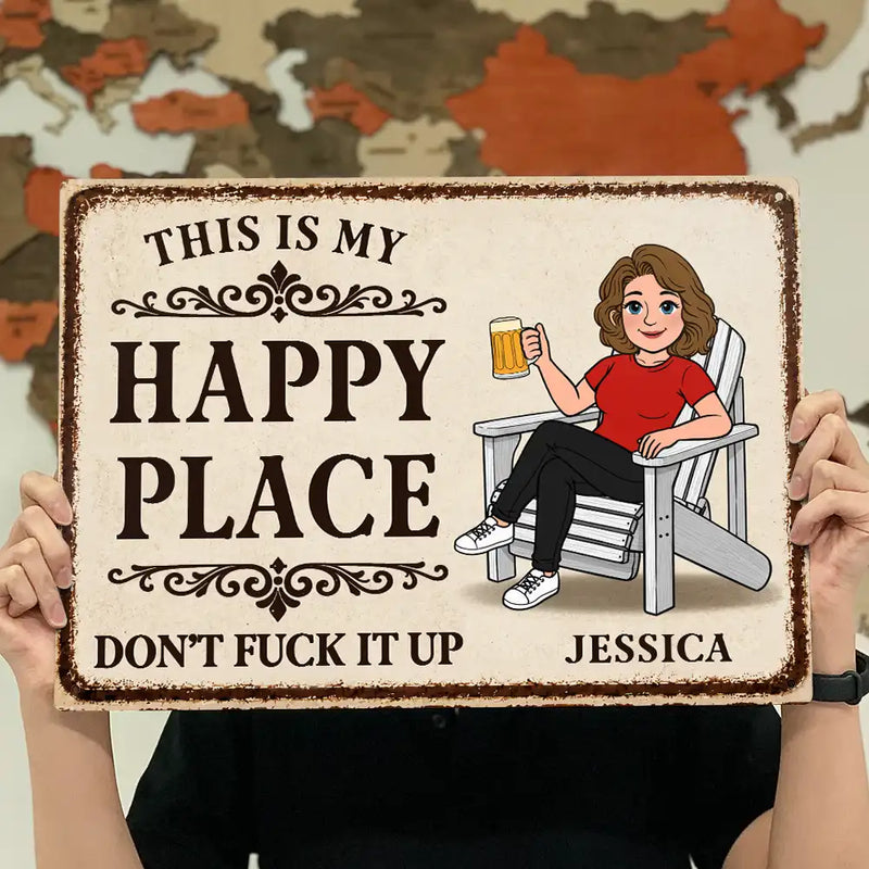 Top Market, Humorous, Gift For Couples, Vector - This Is Our Happy Place Retro Cartoon Couple - Personalized Classic Metal Signs