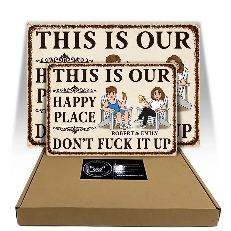 Top Market, Humorous, Gift For Couples, Vector - This Is Our Happy Place Retro Cartoon Couple - Personalized Classic Metal Signs
