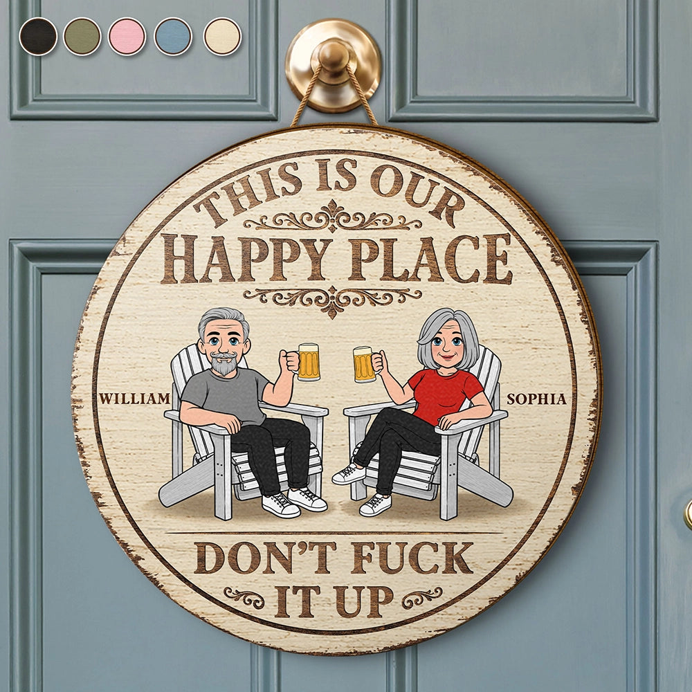 This Is Our Happy Place Retro Cartoon Couple - Personalized Custom Shaped Wood Sign