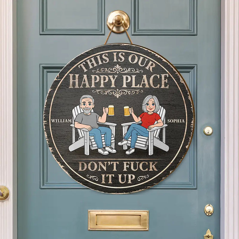 Humorous,Gift For Couples,Vector - This Is Our Happy Place Retro Cartoon Couple - Personalized Custom Shaped Wood Sign