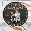 Humorous,Gift For Couples,Vector - This Is Our Happy Place Retro Cartoon Couple - Personalized Custom Shaped Wood Sign