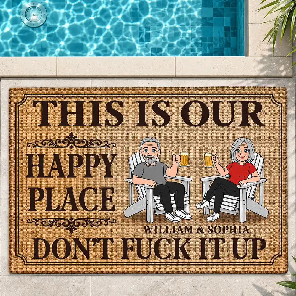 This Is Our Happy Place Retro Cartoon Couple - Personalized Doormat
