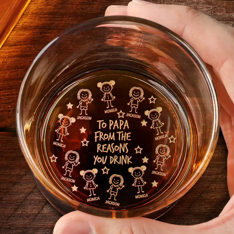 Gift For Father, Gift For Grandpa, Happy - To Dad From The Reasons You Drink Stick Figures - Personalized Engraved Whiskey Glass