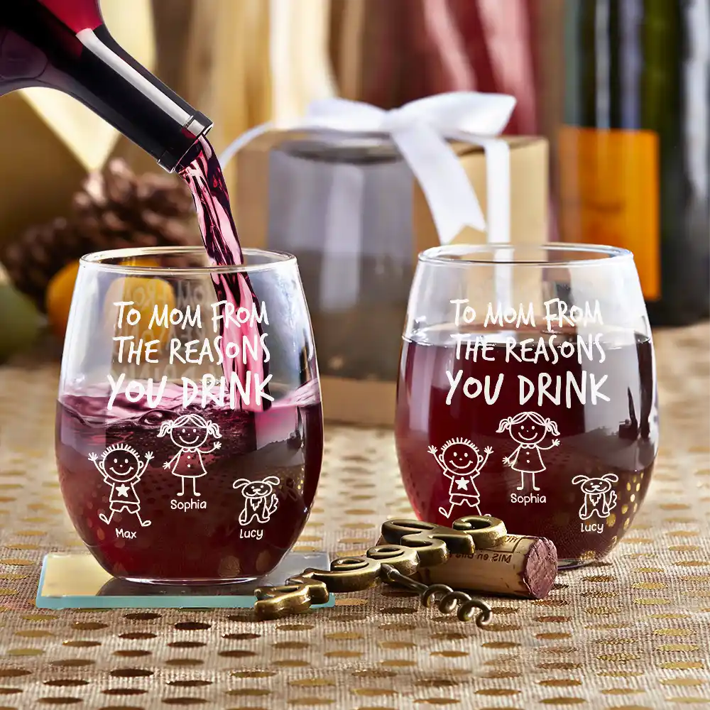Gift For Wife, Gift For Husband, Parents, Gift For Mother, Gift For Father, Funny, Pet Lovers - To Mom Dad From The Reasons You Drink Stick Figures Kid Pet - Personalized Stemless Wine Glass