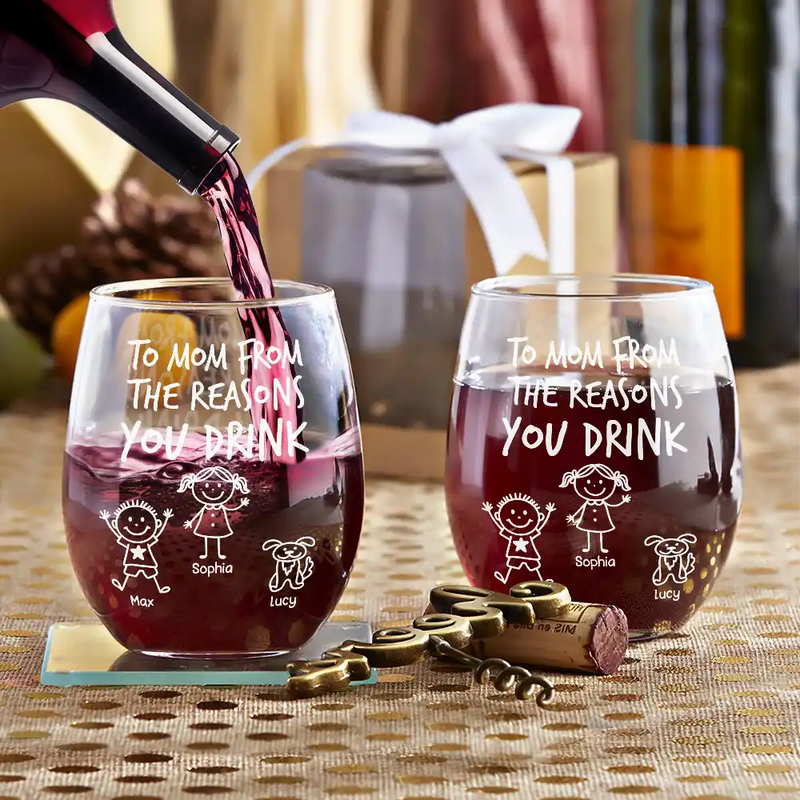 Gift For Wife, Gift For Husband, Parents, Gift For Mother, Gift For Father, Funny, Pet Lovers - To Mom Dad From The Reasons You Drink Stick Figures Kid Pet - Personalized Stemless Wine Glass