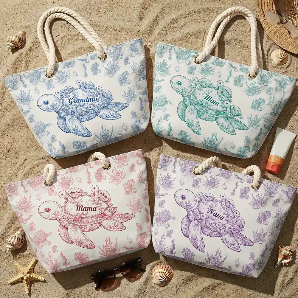 Gift For Grandma,Summer,Grateful,Icon - Toile De Jouy Sea Turtle - Personalized Beach Bag