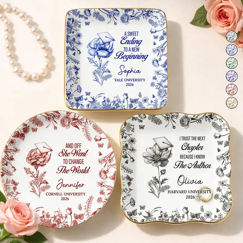 Graduation,Happy,Gift For Women,Gift For Daughter,Top Market,Icon - Toile Birth Month Flower Congrats Grad - Personalized Ring Dish