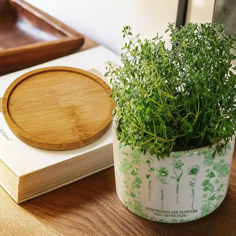Gift For Bestie, Old Best friends, Happy - Toile De Jouy Birth Flower Grow An Old Friend - Personalized Ceramic Plant Pot