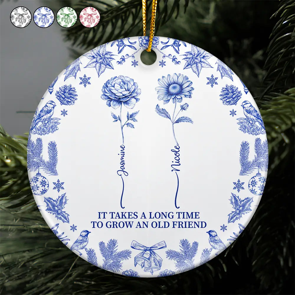 Toile De Jouy Birth Flower Grow An Old Friend - Personalized Circle Ceramic Ornament